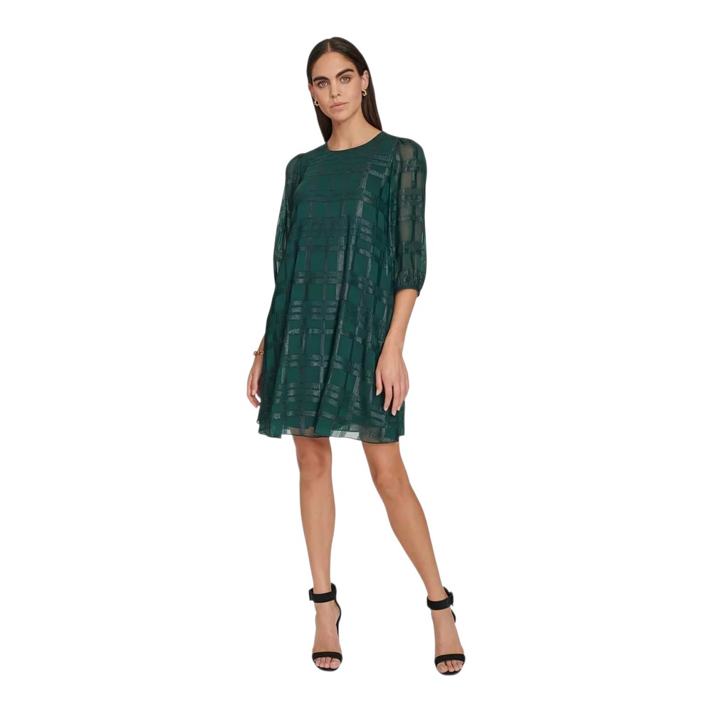Calvin Klein Women's Metallic Plaid Chiffon‎ 3/4-Sleeve A-Line Dress Size 4 NWT